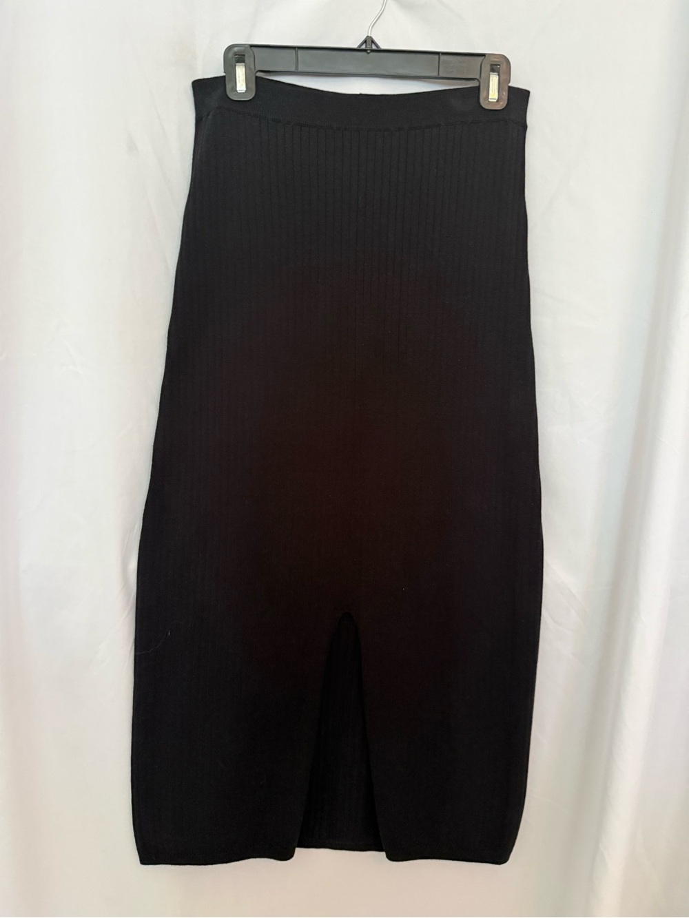 Free People Black Ribbed Knit Midi Skirt with Front Slit